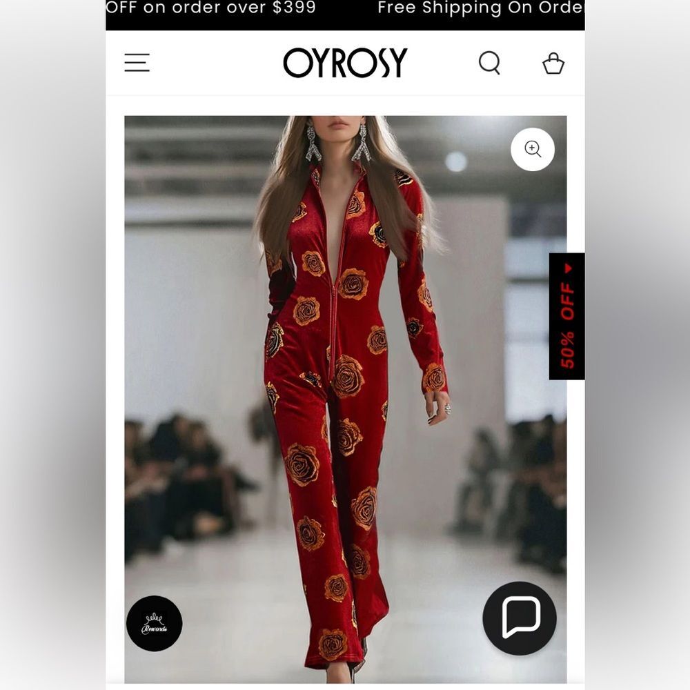 Oyrosy Elegant Red Floral Rose Velvet Zip up  Long Sleeve  Retro Jumpsuit M - Picture 2 of 13